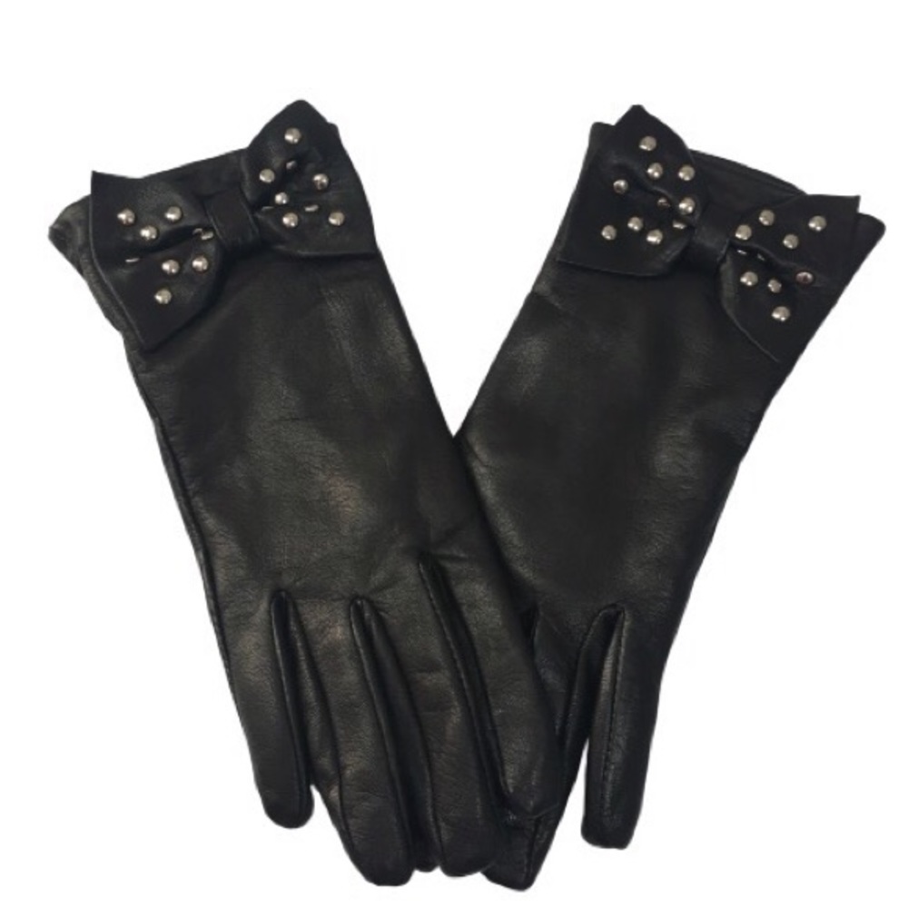 Michael Kors Studded Bow Leather Gloves Black 7.5